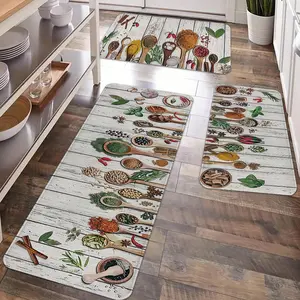 2/3pcs kitchen anti slip carpet floor mat set, washable retro wooden board seasoning printed kitchen floor mat, soft flannel floor mat carpet floor mat, suitable for kitchen, door, laundry room, bathroom, living room, room decoration floor mat