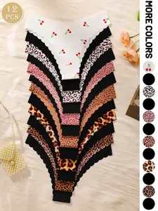 Women's Seamless Wave Edge Panties Leopard & Cherry Print Low-Waist Triangle Briefs, Slim-Fitting All-Season Underwear, 12-Pack