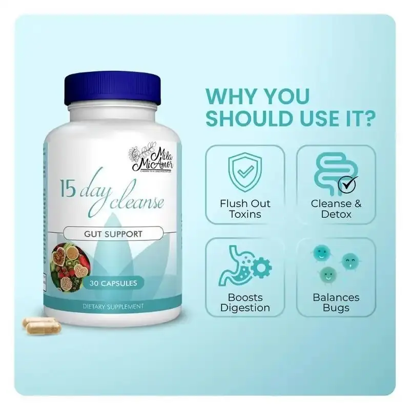 Mila McAnner 15 Day Cleanse Gut and Colon Support Caffeine Free Advanced Formula with Senna Cascara Sagrada Psyllium Husk Non-GMO Probiotics 30 Capsules