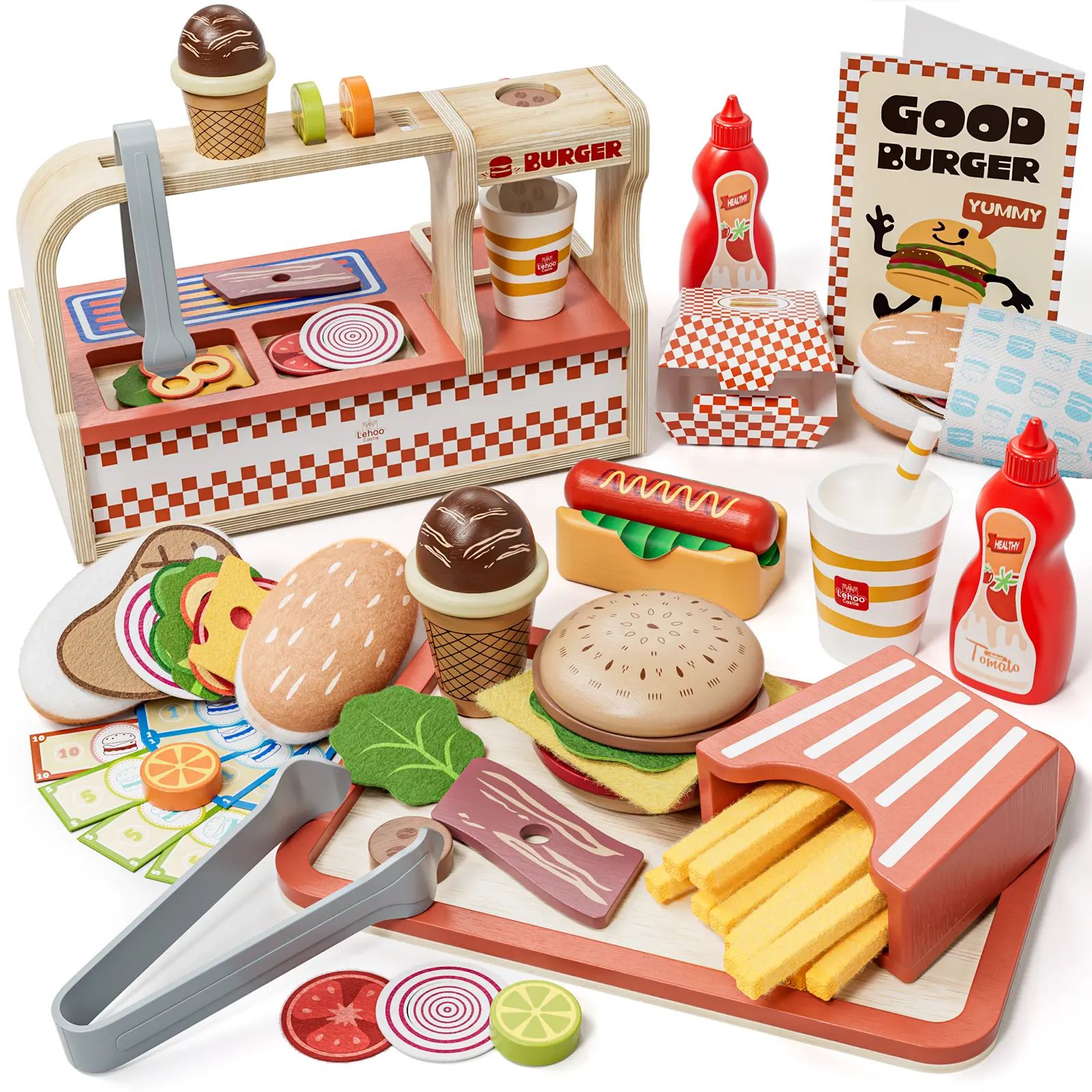 Lehoo Castle Wooden Play Food Sets, Pretend Play For Kids, Hamburger Shop, Play Food Sets for Kids Kitchen, Play Food Set For Ages 3+