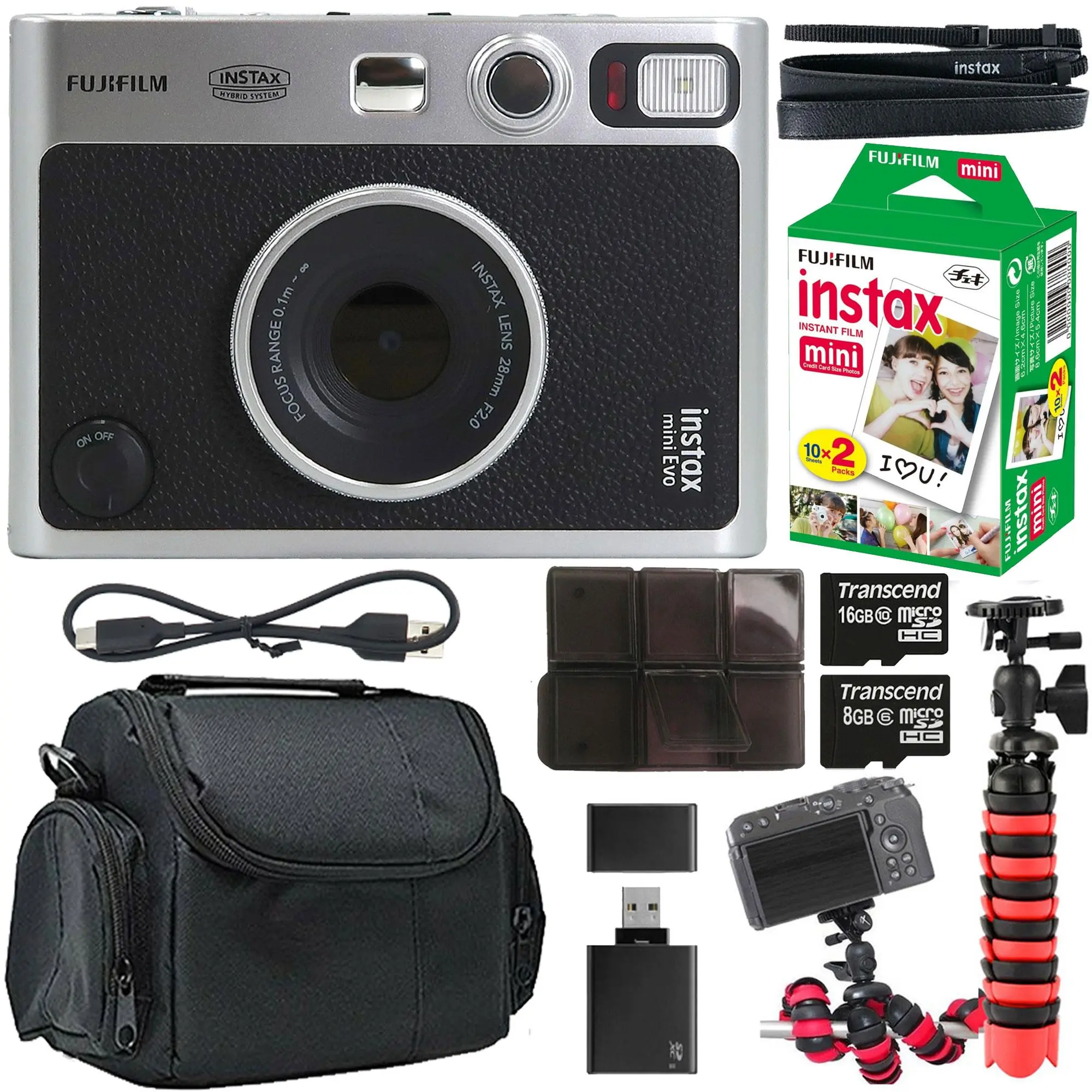 FUJIFILM INSTAX MINI EVO Hybrid Instant Camera Black + Fujifilm 2x10 Mini Instax Film Pack + BePro BC-1 Case Small + 2x 16GB Transcend MicroSD Memory Card with Adapter + Vivitar Large Rubberized Spider Tripod + Memory Card Reader + Card Holder