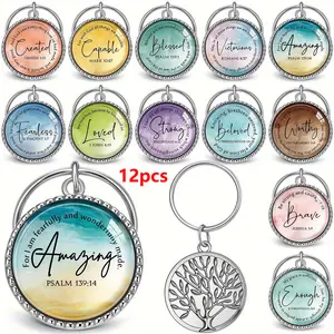 12pcs Christian Keychains |   Mini Bible Verse Keyrings with Scripture Quote, Religious Church Gift for Women Bible Study Member, Casual Style, Zinc Alloy Material by LINNO
