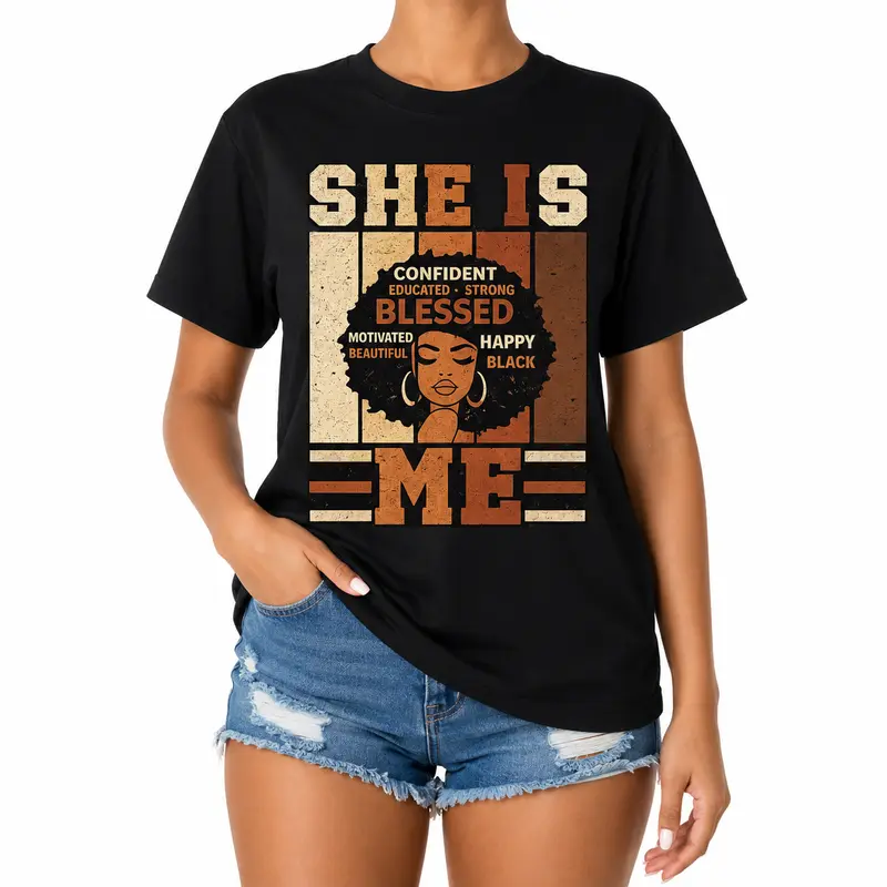 Women's Oversized Crew Neck Short-Sleeve Cotton Graphic Top - 90s Retro Vintage Melanin Print, Empowering Casual OOTD Staples, Plus Size Basics, Back to School Shopping Everyday Wear, New Year H-Type T-Shirt