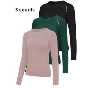Women's Sporty Slim-Fit Long Sleeve T-Shirt Set, Spring & Fall Outdoor Fitness Running Tops, Comfortable Knitted Elastane Fabric