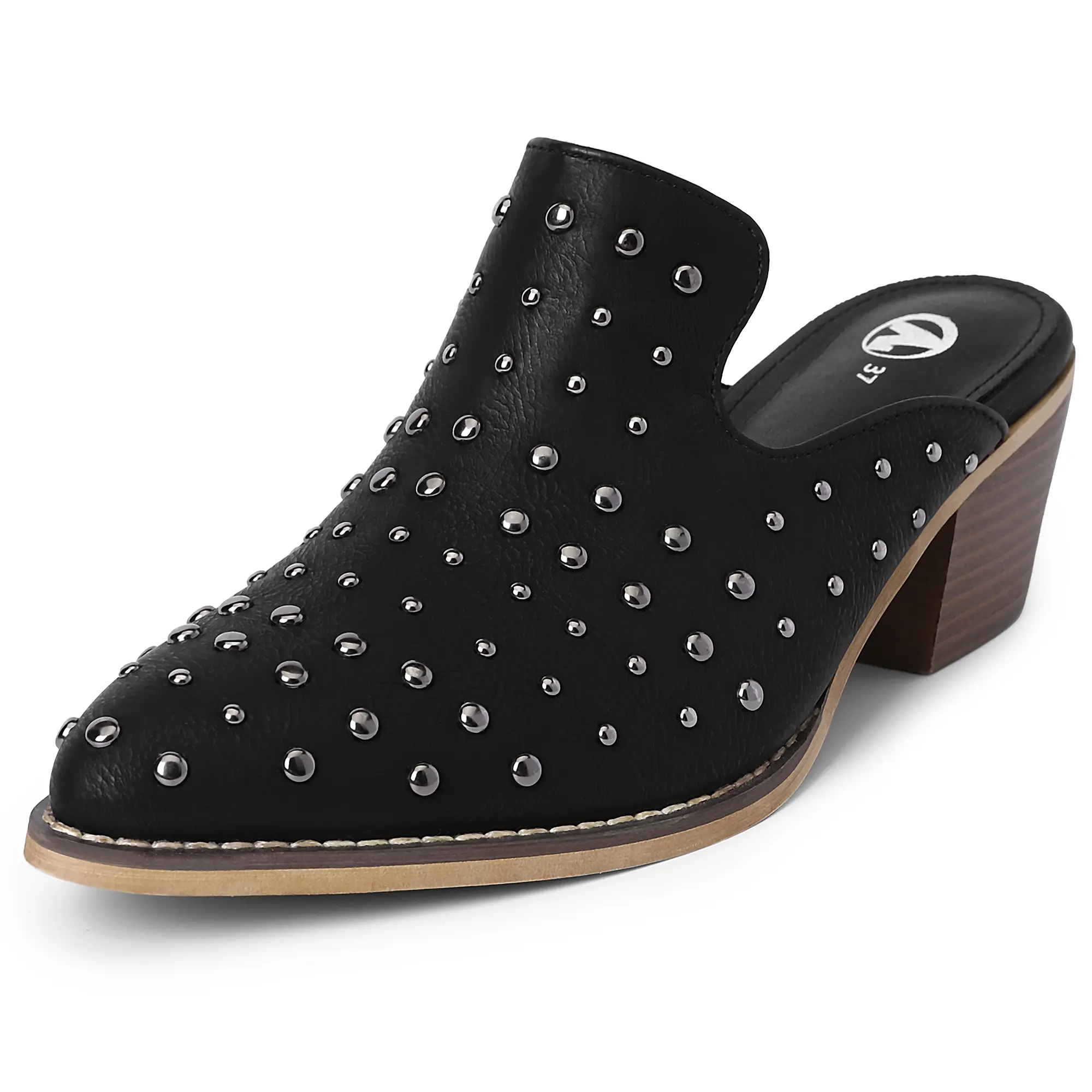 Fashion Women's Rivet Chunky Block Heel Mules Closed Point Toe Clogs Backless Pumps Slip On Slides Casual Dressy Sandal Shoes Girl Footwear Leather Nail Classic Black