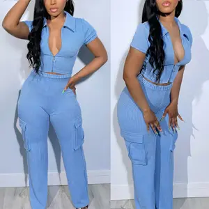 ChicMe Women's 2 Pieces Outfit Polo Collar Short Sleeve Zip Up Slim Fit Crop Top and High Waist Elastic Waist Cargo Pockets Design Pants Set Casual Ribbed Set