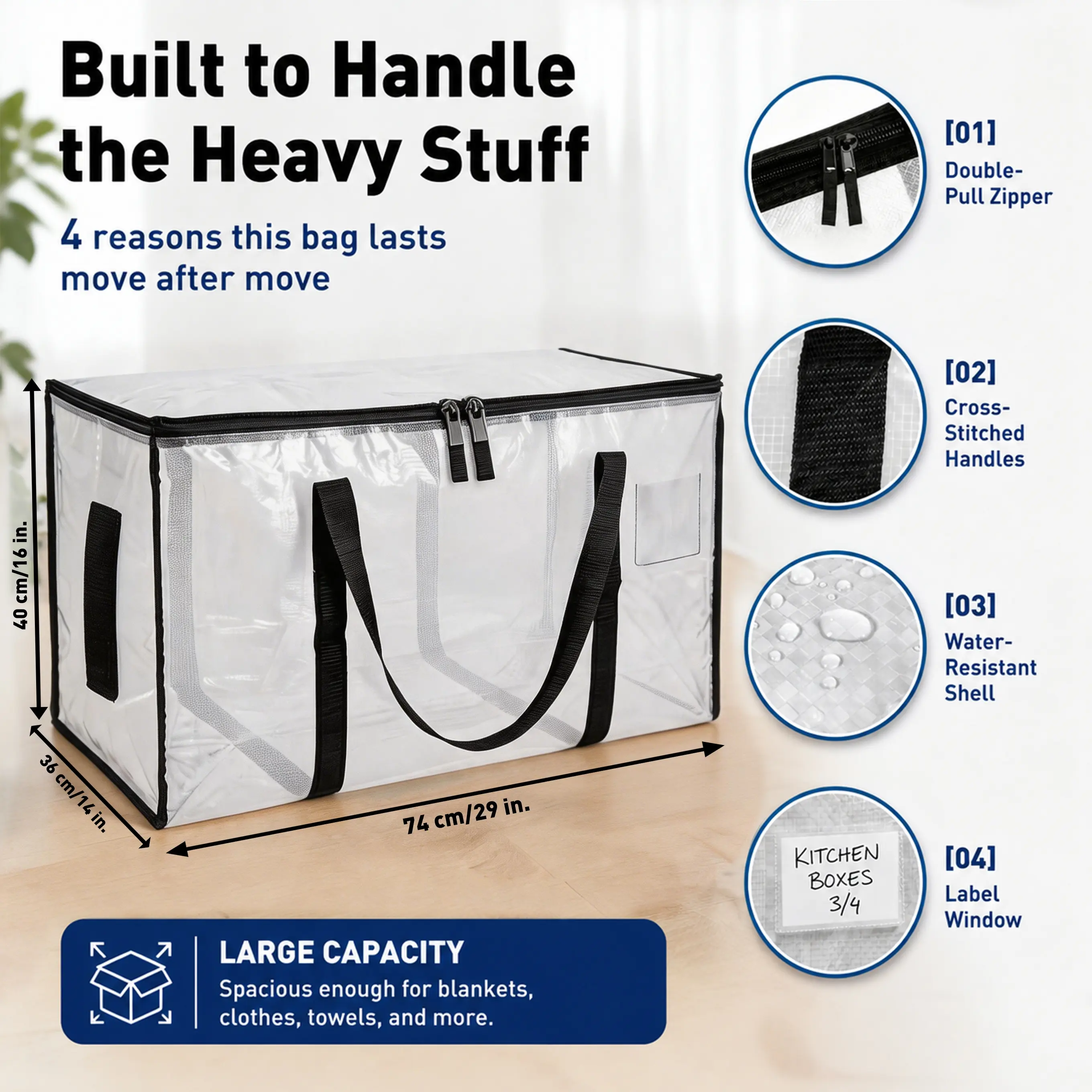 Extra Large Moving Bags , Heavy Duty Storage Totes with Handles & Zippers, Foldable Water Resistant Bags for Moving, College Dorm, Clothes & Home Organization