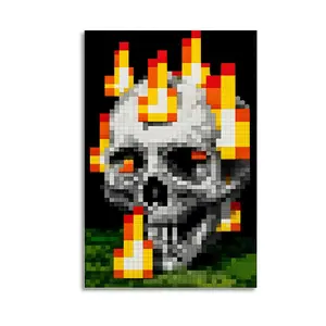 Retro Pixel Skull Flame Wall Art 8 Bit Game Style Canvas Poster Dark Aesthetic Gamer Room Decor Cool Wall Art for Bedroom Living Room Bathroom Decor Neon Fire Skull Artwork Vintage Arcade Style Wall Hanging Unique Gift Idea for Gamers Teens Boys door
