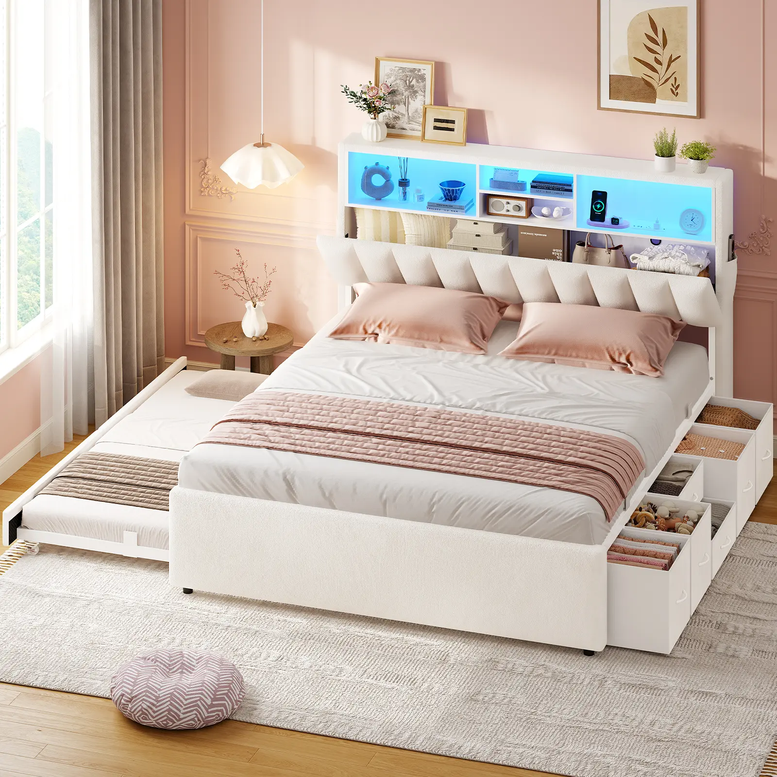 ADORNEVE Modern Double Velvet Full Size Storage Bed Frame - LED Color Changing Lights, 6 Drawers, USB Port, Pull Out Trundle, Hidden Storage Headboard, Sound-Absorb Foam, Assembly Required, Small Apartment Indoor Furniture