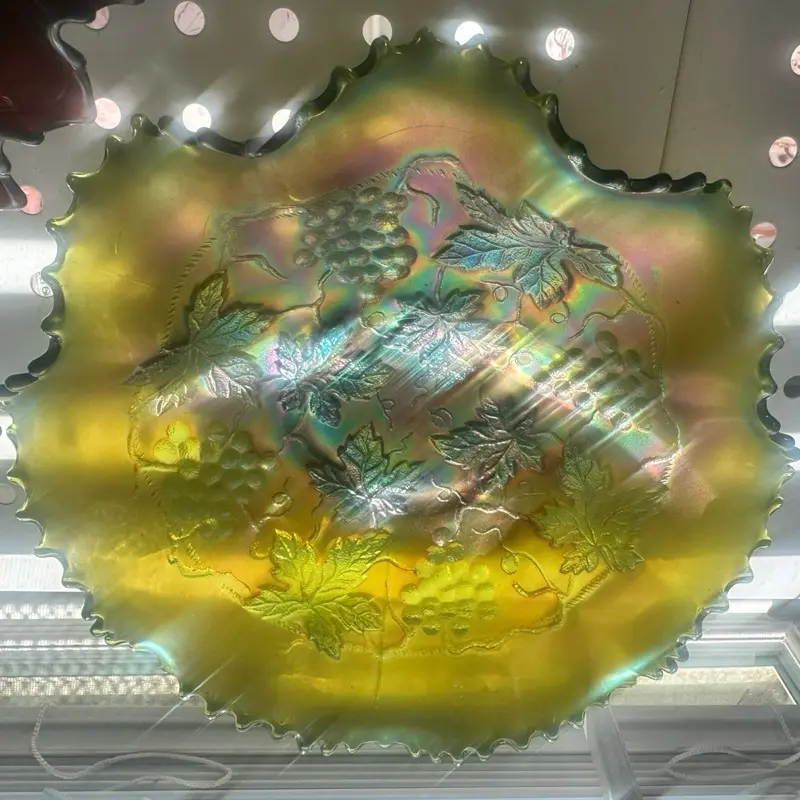 northwood Green Grape & Cable Carnival Glass Bowl