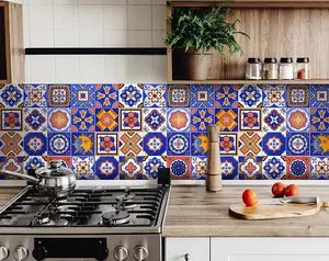 360 Stand Self-Adhesive Vinyl Decorative Tiles Stickers - 24 Pieces, 8x8 in, Colorful Blue Celestial Mosaic, Easy-Remove Peel-and-Stick Wall Decor for Kitchen, Room, Self Adhesive Tiles, Removable