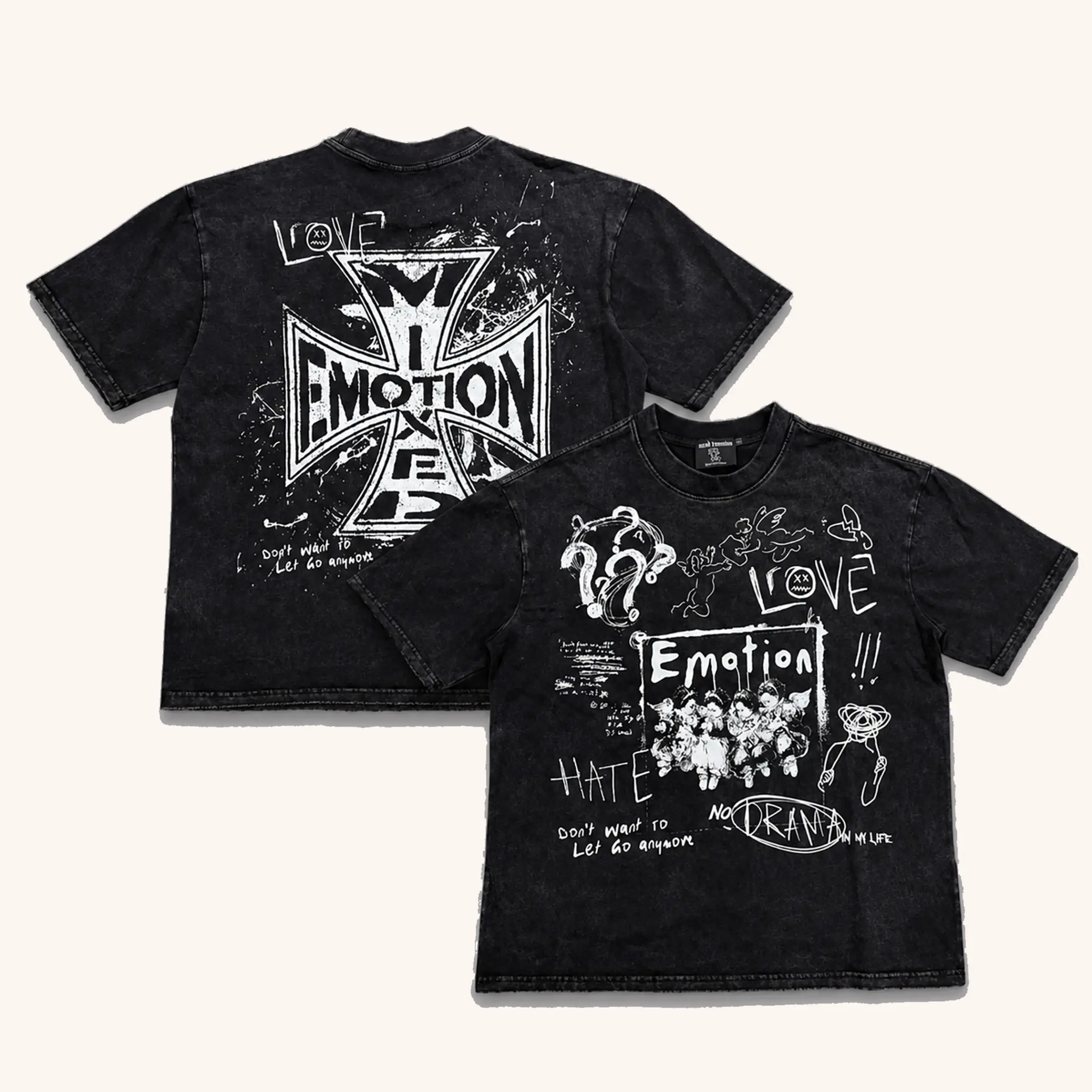 MIXED EMOTION Cherub Angel Rhinestone Graphic T Shirt Heavyweight Cotton Oversized Crew Neck Short Sleeve Front Back Print Y2K Hip Hop Gothic Vintage Streetwear Casual Summer Party Festival Outfit Men Women Unisex Teens Adults