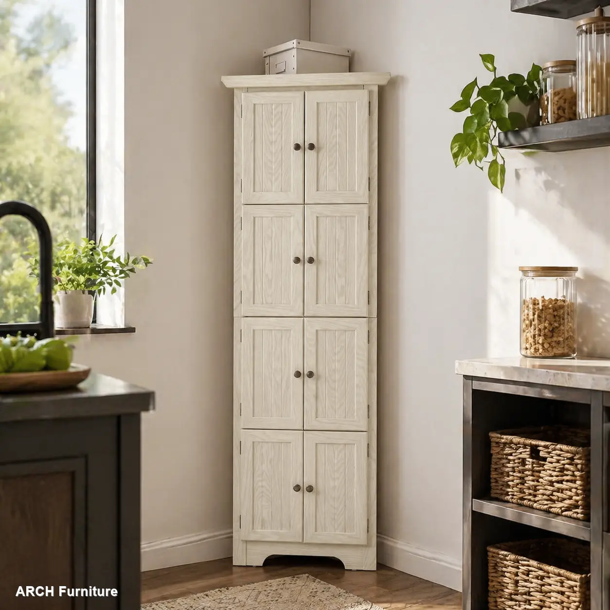 72-In Farmhouse Corner Kitchen Pantry Storage Cabinet - 4-Tier Arch Design, 8-Door Multi-Level Floor Cabinet for Kitchen, Living Room Home Decor, Multi-Level Floor Cabinets