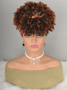 Ombre Afro Curly Wig with African Print Headwrap, Synthetic Hair, Easy Wear Turban Style, Bob Wigs for All Seasons