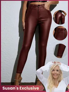 Susan Exclusive 7-9 Inch Matte PU Leather Tight Pants, High Waist Zipper Design, Casual Spring & Fall Fashion, Plain Pattern S Type, Womenswear