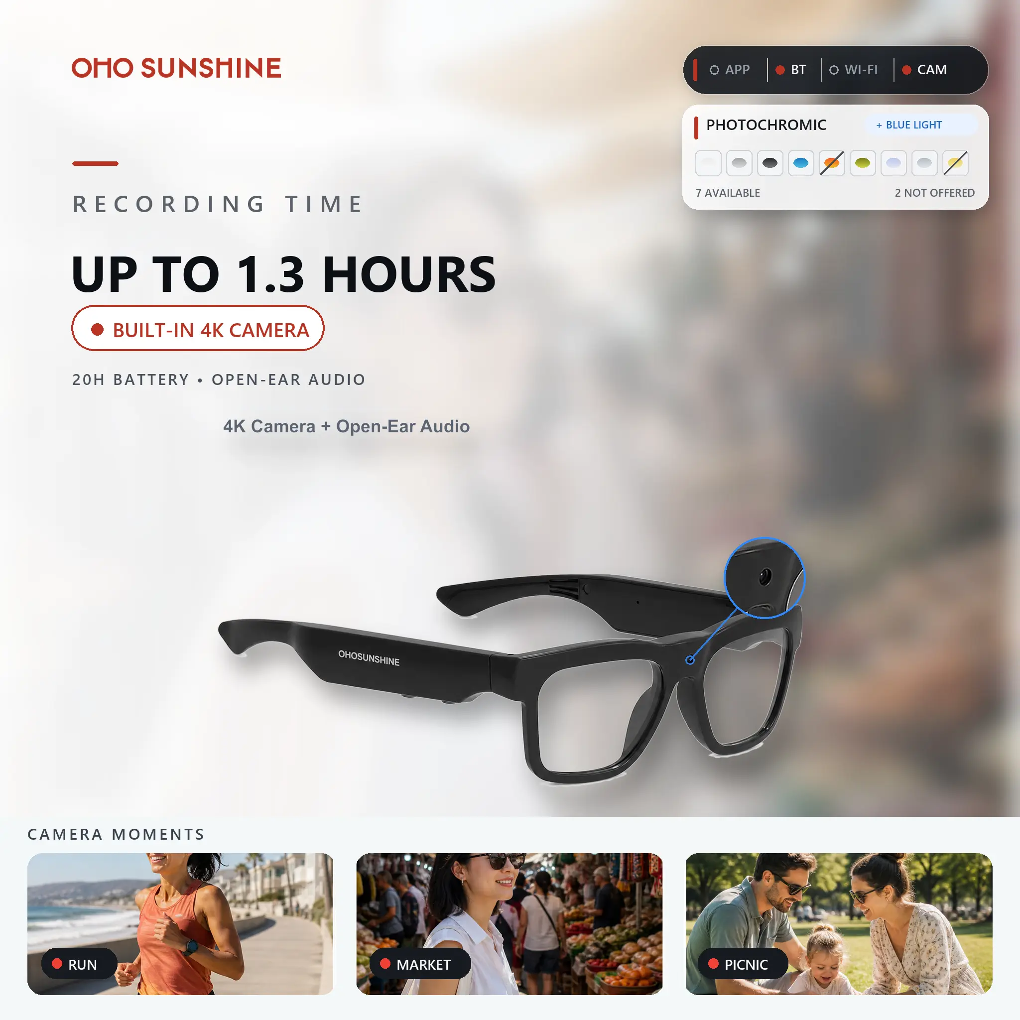 OhO Sunshine Edge Pro 4K Camera & AI Real-Time Translator & Bluetooth Hands-Free Recording Glasses fathersdaygift，camping essentials，father's day gifts