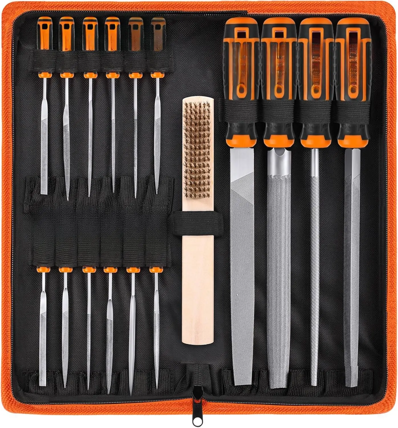 25 count Metal File Set,  Grade T12 Drop Forged Alloy Steel, Flat/Triangle/Half-round/Round Large File and 12 count  Files with Carry Case, 6 count Sandpaper, Brush, A Pair Working Gloves