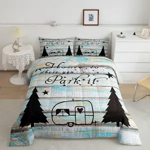 Camper Designer Comforter Set,Camping Travel Car Luxury Bedding Set,Happy Camping Theme Comforter,Microfiber Vintage Wooden Door Super Soft Duvet Set