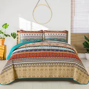 WONGS BEDDING Boho Queen Quilt Set, Green and Brown Bohemian Queen Quilt Bedding Set, Lightweight Microfiber Bed Decor Bedspread for All Season 96"x90"(3 Pieces)