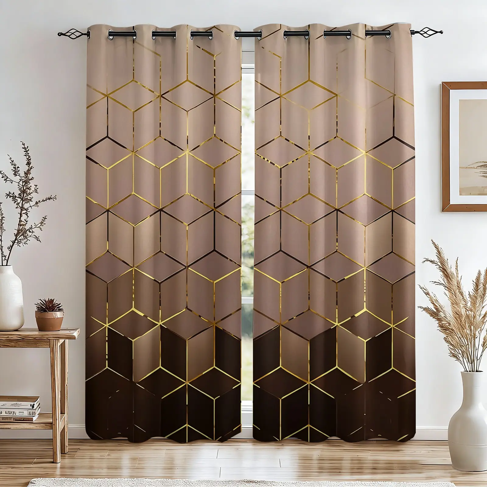 Modern Luxury Gradient Brown 3D Geometric Print Blackout Curtains, 2-Piece Set, No-Hook Design, Washable Fabric, Bedroom Living Room Office Heat Insulation, UV Protection, Multifunctional Home Decor