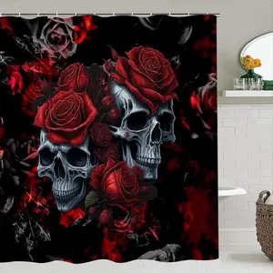 Gothic Skull & Rose Shower Curtain Set, Waterproof Shower Curtain, Silver Color Skeleton with Hot Roses, Gradient Background, Gothic Aesthetics, Home Bathroom Decor, Bathroom Decoration Accessories
