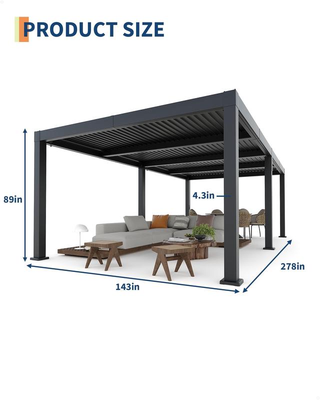 Louvered Pergola 12' x 24',Outdoor Aluminum Pergola,Hardtop Gazebo,Modern Style with Adjustable Louvers,Reinforced Aluminum Frame,Integrated Drainage System,for Deck Garden Yard(Grey)