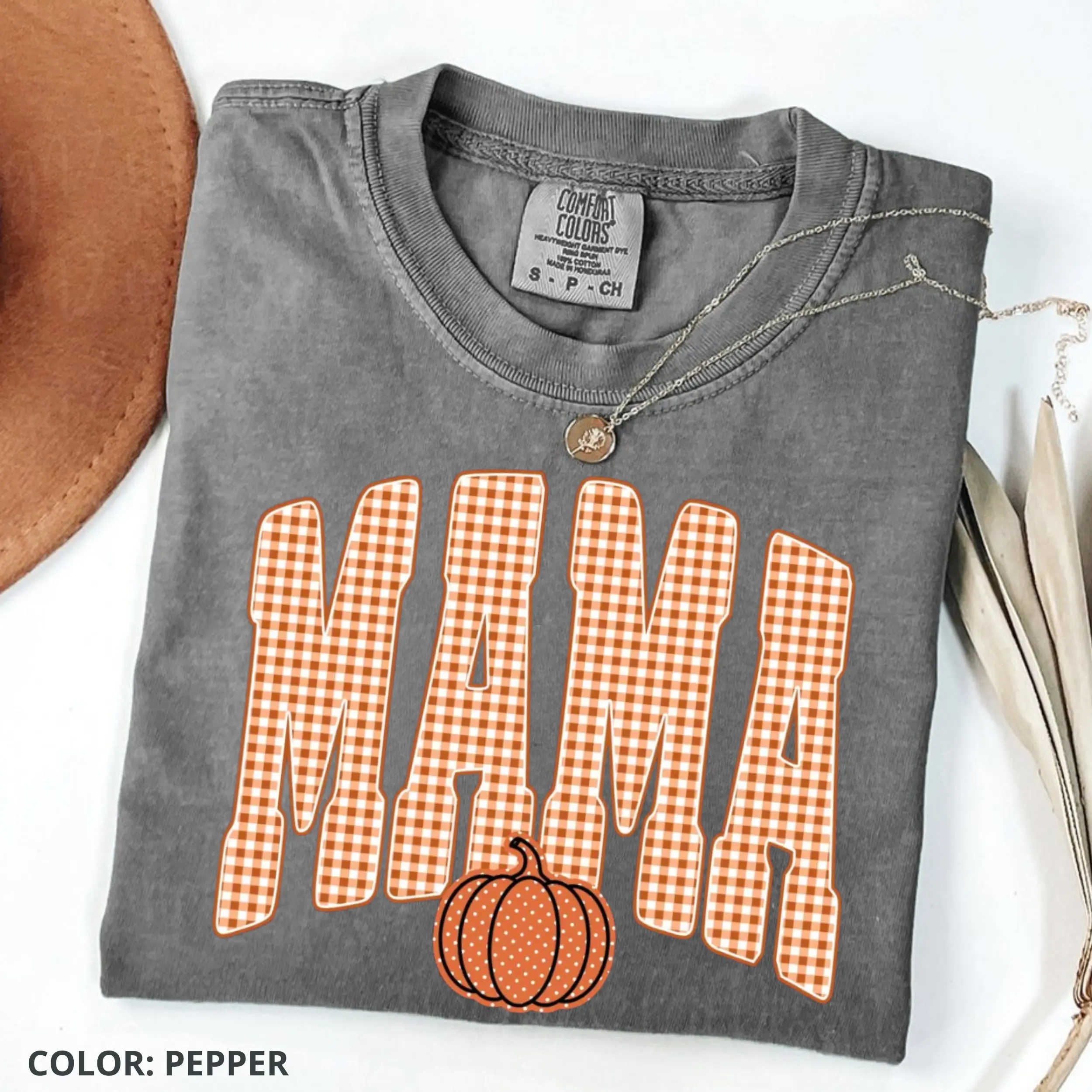 Comfort Colors Retro Mama Pumpkin T-Shirt, Trendy Fall Gingham Mama Shirt Gift For Her, Cotton Fabric
