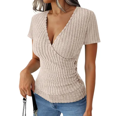 ANRABESS Womens Tops Short Sleeve V Neck Sexy Ribbed Knit Slim Fit Lightweight Sweater 2026 Summer Casual Chic T-Shirt