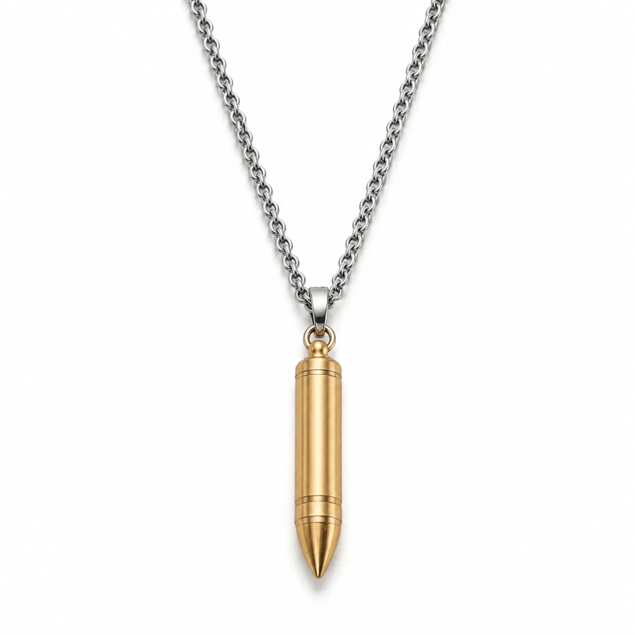 Stainless Steel Bullet Pendant Necklace for Men and Women, Retro 9mm-Inspired Statement Jewelry, Adjustable 19.7 + 2.4 Inch Chain, Durable Unisex Accessory for Hunters and Outdoor Enthusiasts