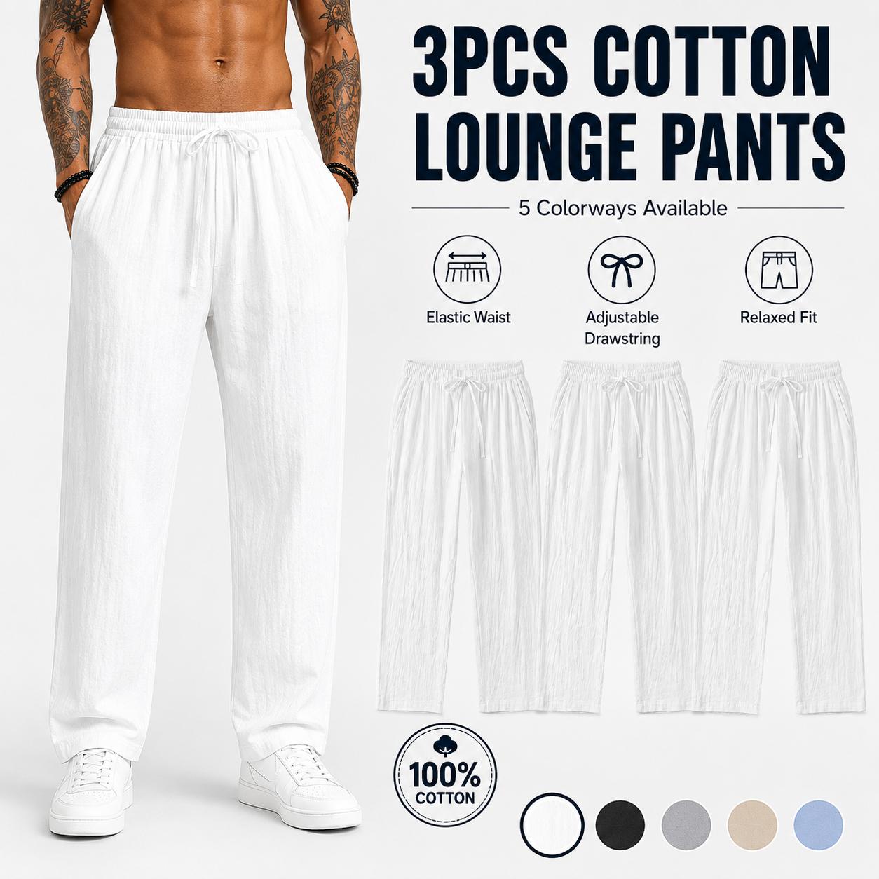 3-pack men’s casual pants, 100% cotton-linen comfortable, soft, breathable, lightweight drawstring pants with pockets, suitable for summer everyday wear, sports, leisure, and outdoor beach activities.