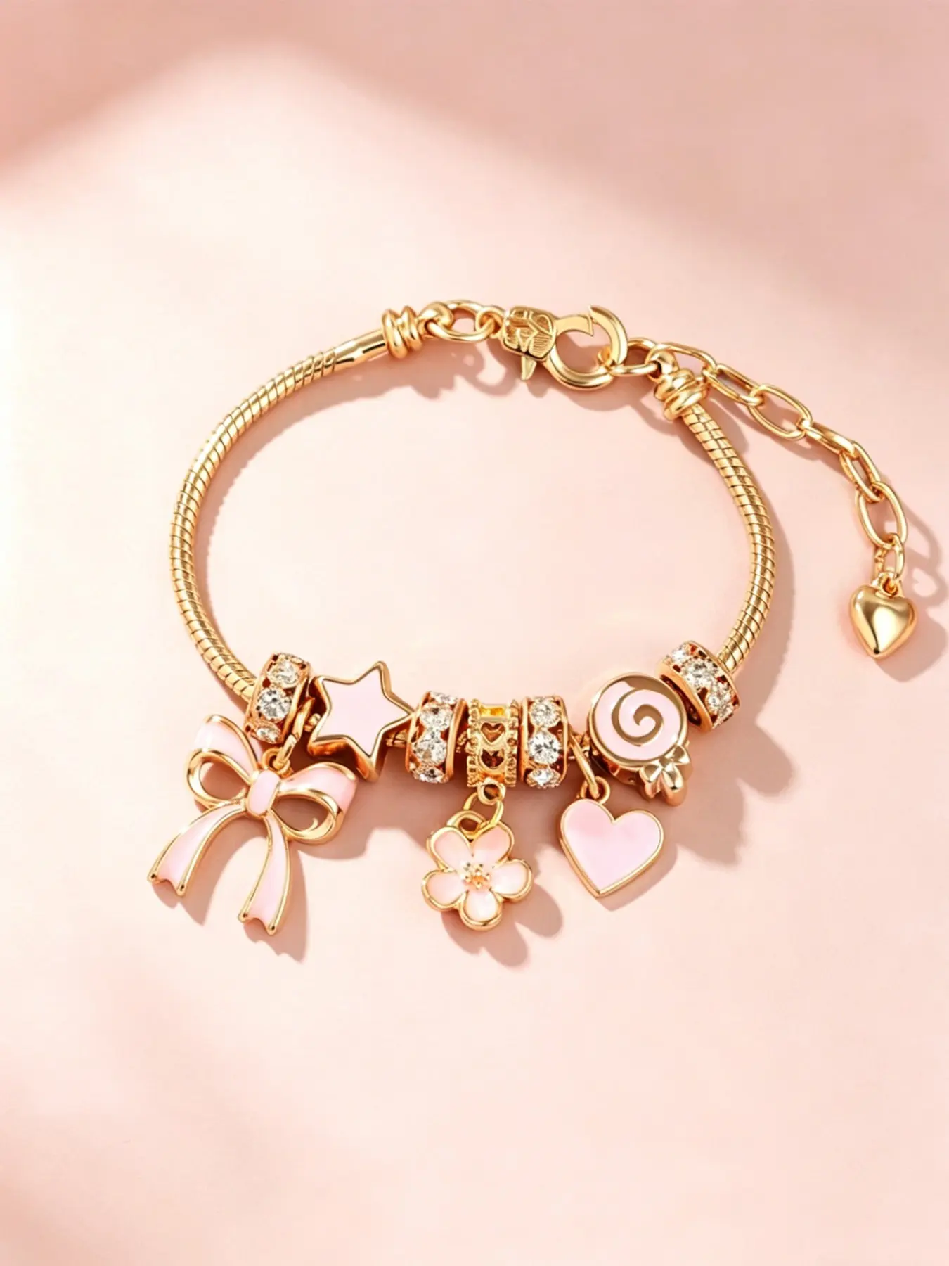 Cute Bow & Heart & Flower Design Charm Bracelet, Rhinestone Decorated Bracelet for Women & Girls, Trendy All-match & Exquisite Jewelry for Birthday Gift, Rhinestone Decorated Bangle, Charms Pendant Bracelet, Fashionable Bracelet