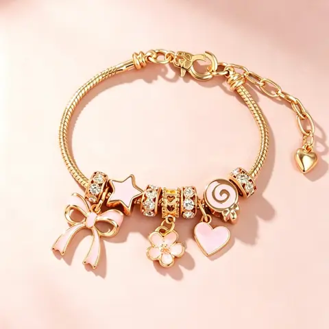 Cute Bow & Heart & Flower Design Charm Bracelet, Rhinestone Decorated Bracelet for Women & Girls, Bracelet for Birthday Gift, Fashionable Bracelet, Fashion Bracelets