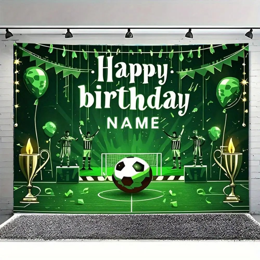 Personalized 2D Flat Football Theme Birthday Backdrop Banner - 1PC Reusable Polyester Custom Name Multicolor Print, Green Soccer Field Trophy Balloon Kids Party Decoration Photo Background Prop,summerwins