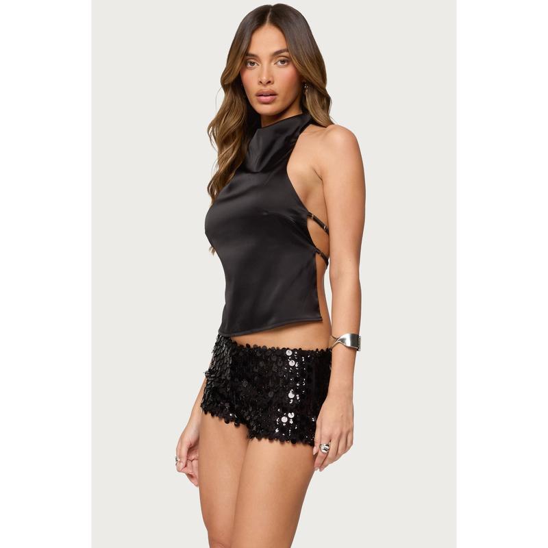 Satin Effect Backless Cowl Neck Top