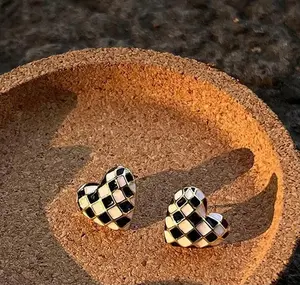 Black White Checkerboard Heart Studs - Chunky Statement Stud Earrings