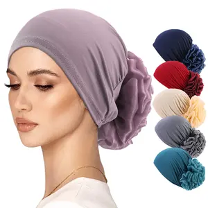 3pcs/set Women's Boho Turban Hats Elegant Plate Flower Head Wraps Elastic Beanies Ramadan Chemo Cap