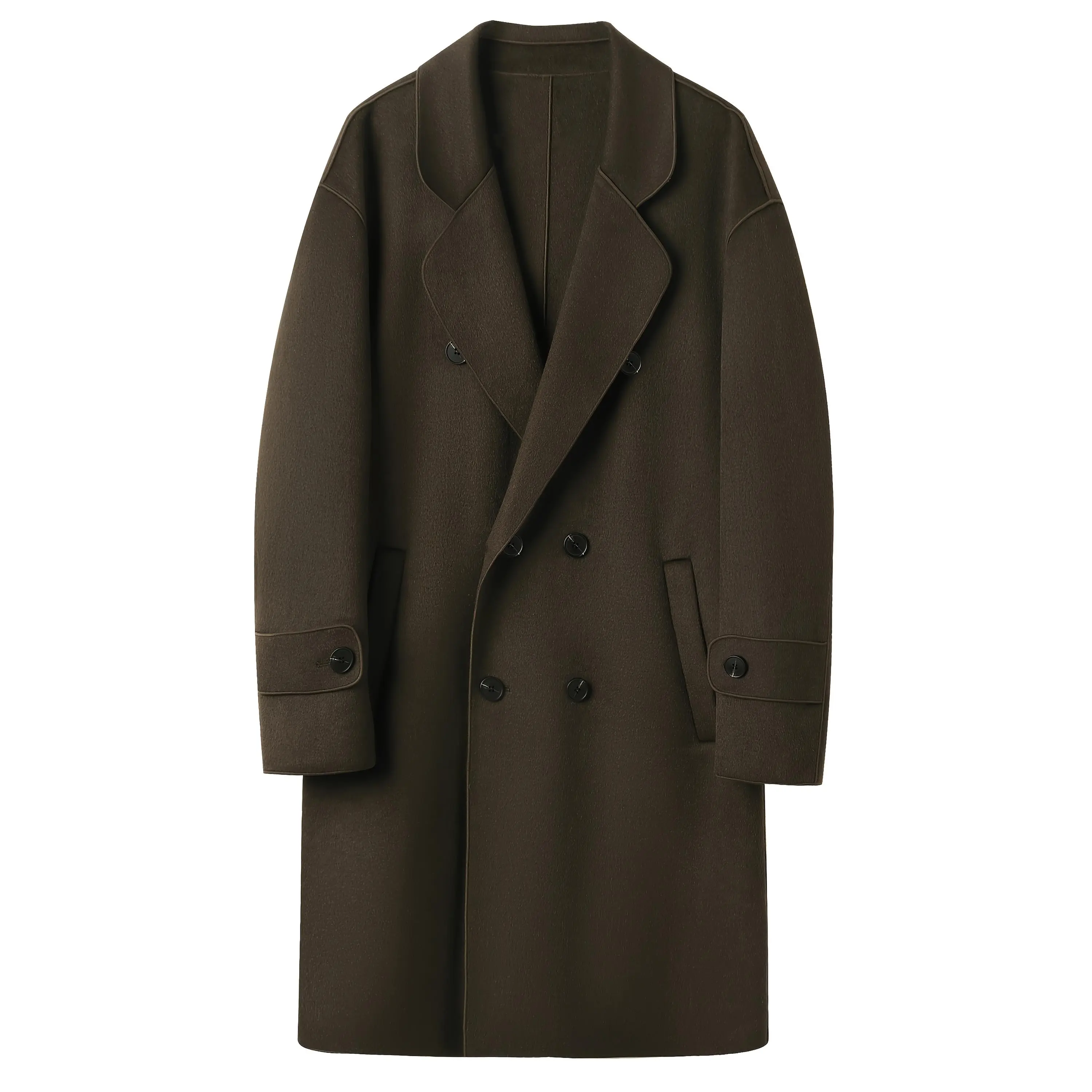 Men's Mid-Length Wool Blend Trench Coat |   Double-Breasted with Notched Lapel |   Casual Loose Fit |   Long Sleeve, Drop Shoulder Design |   Solid Black |   Spring Outerwear |   Non-Stretch Fabric |   Dry Clean Only, Versatile Jacket |   Stylish Men's Co