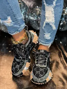 Women's Thick Sole Heeled Casual Trainer Sneaker Shoes, Rhinestone Embroidery Design, Round Toe, Medium Width, All Seasons, Textile Upper, Tpr Sole