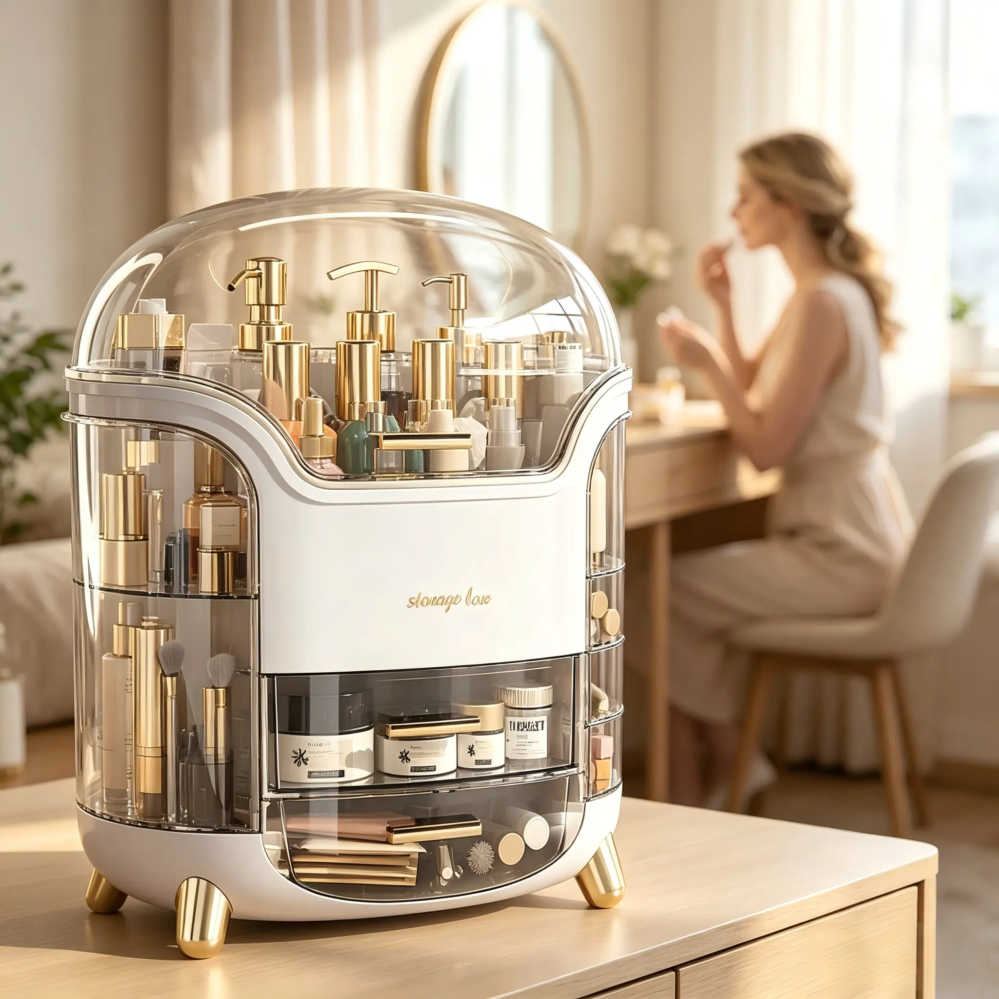 Large Capacity Rotating Type Dust-Proof Cosmetic Storage Box - Multi-Layer Organizer with Transparent Lid, Side Expandable Storage, Drawers for Vanity Bathroom Countertop, Ideal Home Gift, Smooth mini makeup bag