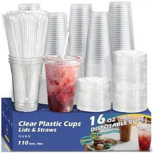 110 Pack Clear Plastic Cups with  and Straws, 16 oz Disposable Iced Coffee Cups To Go,  Cold Drink Cups for Smoothie, Matcha, Parties