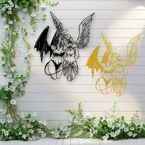 1pc Angel & Devil Embrace Metal Wall Art, modern minimalist design, Minimalist Black Decor with Washable Finish, Perfect for Bedroom or Living Room, Unique Gift for Angel and Devil Lovers, Metal Wall Art Decor