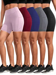 5PCS Women'S High-Waist Summer Shorts with Pockets - Elastic Polyester Blend, Elegant Solid Color, Side Pockets for Phones and Accessories, Machine Washable, No Print, Glossy Finish, Pants, Cycling Shorts, Casual Shorts