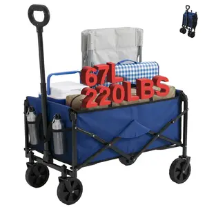 Collapsible Folding Wagon, Heavy Large Capacity Garden Wagon, Big Bucket Beach Cart with Multi-Terrain Brake Wheels for Outdoor Camping, Shopping, 28.7" X 18.7" X 35.4"，Blue