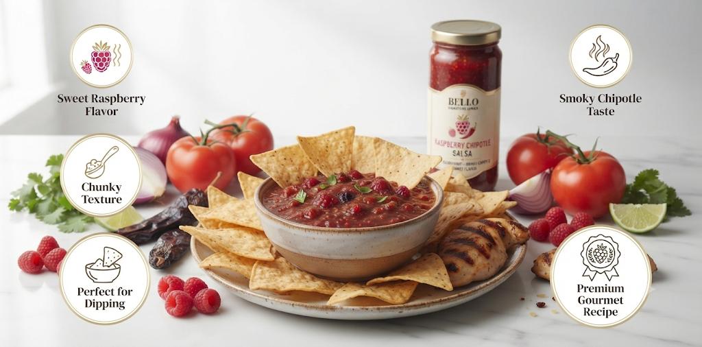 Bello Signature Raspberry Chipotle Salsa – Sweet & Smoky Raspberry Salsa with Chipotle Spice – Premium Gourmet Salsa Dip for Tortilla Chips, Tacos, Nachos, Grilled Meats, Seafood & Everyday Meals – Bold Restaurant Style Flavor