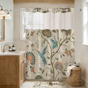 Double Layer Shower Curtain, Vintage Floral Theme, Waterproof, No Hooks, Easy Installation, Rustic Style, Hotel, Dorm, Home Decor