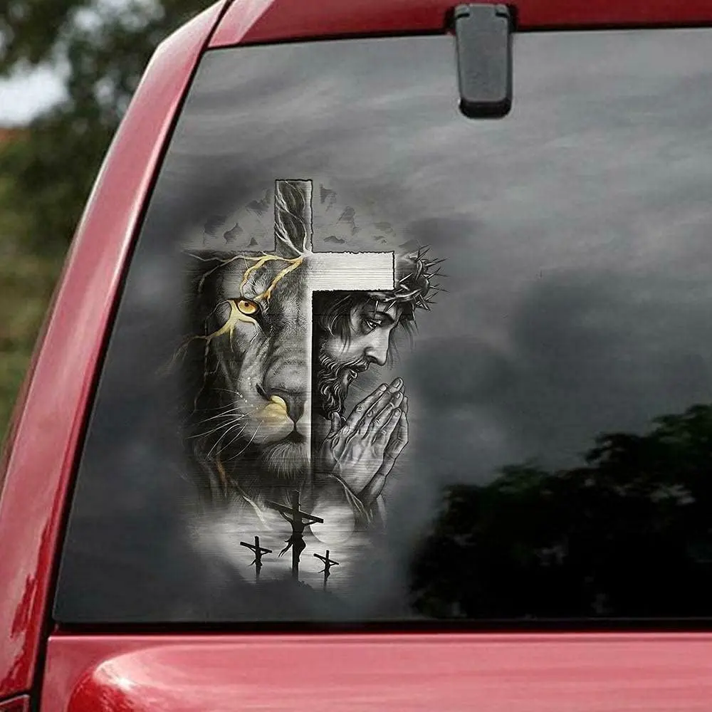 Jesus Cross & Lion of Judah Vinyl Decal – Christian God Prayers, Jesus Sacrifice Sticker, Religious Faith Decal for Cars, Trucks, Windows, Laptop – Durable & Weatherproof