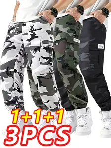 3-pack — Men’s casual solid-color athletic pants — Camouflage casual cargo pants — Multiple flap pockets, drawstring waist, polyester, outdoor work pants, running pants, camouflage casual cargo pants with pockets — 100% polyester, non-stretch solid color,
