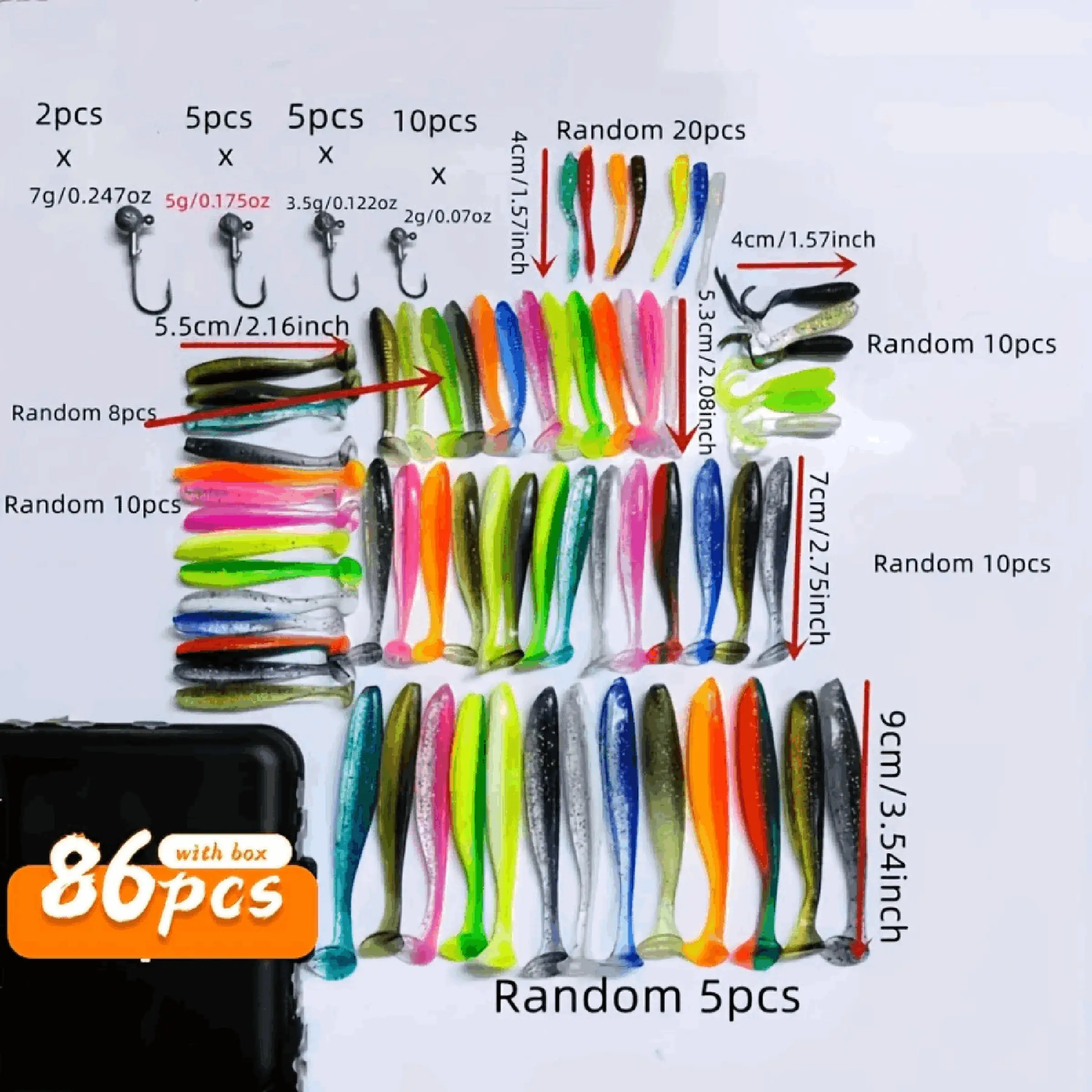 Takami 86pcs Soft Bait Kit with Lead Head Hooks, Dual Color T Tail, Small Sprite T Tail, Leaf Tail Bug, Spiral T Tail Lures, Artificial Fishing Lures, Fishing Gear and Equipment, Fishing Gear Supplies for Freshwater & Saltwater Fishing, Fishing Lure Set
