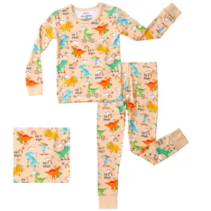 Ellivvibebe Bamboo Toddler Kids Pajamas Dinosaur Print Two Piece Pjs Sets Long Sleeve Snug fit 18M-5Y 2pcs Soft Sleepwear for Spring Summer Fall Winter Season