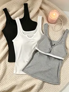 3-Pack Solid Color Stretch Knit Tank Tops, Casual Slim-Fitting Lingerie Underwear, Breathable Material, Round Neck